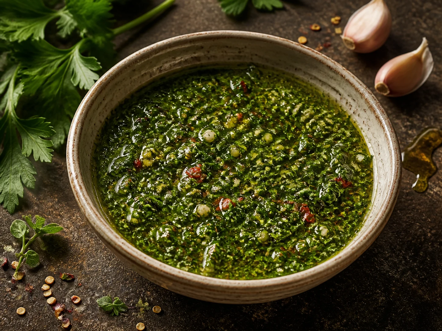 Fresh chimichurri in a handmade ceramic bowl