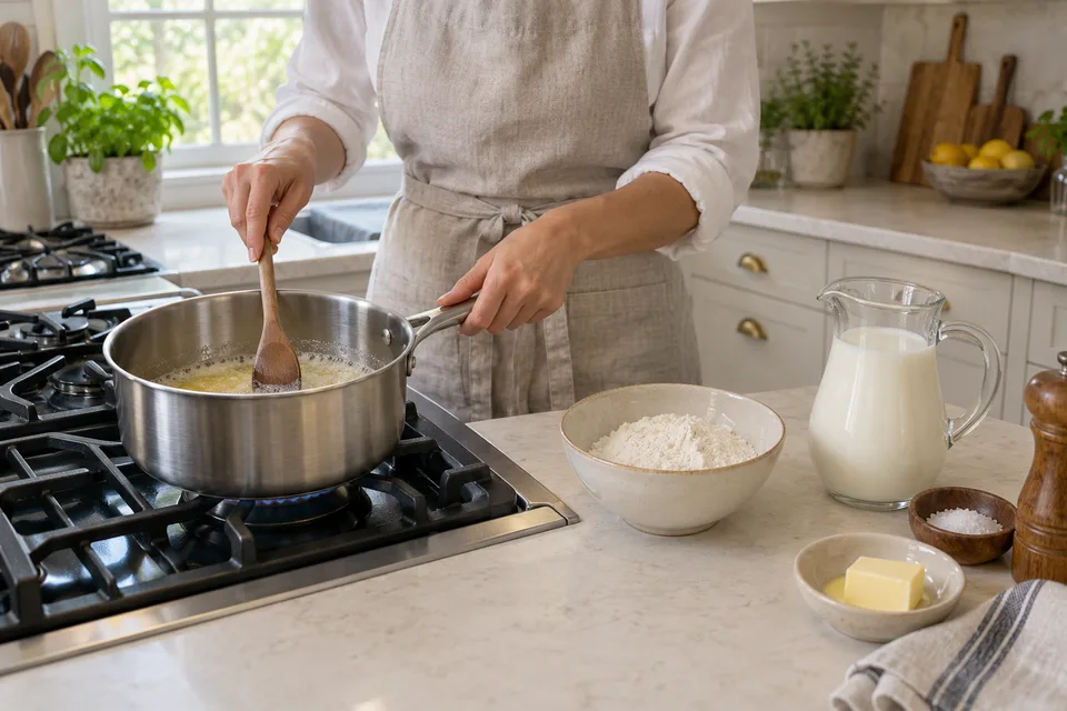 bechamel — step 1: Melt butter in a medium saucepan over medium heat until foamy but not browned.