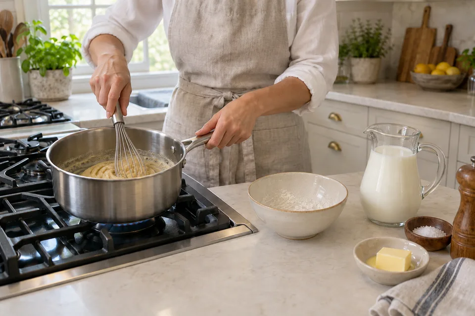 bechamel — step 2: Add flour all at once and whisk constantly for 1 to 2 minutes to form a pale roux; do not allow it to color.