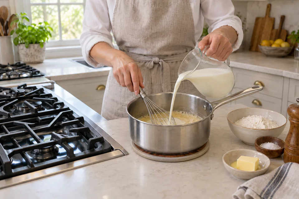 bechamel — step 3: Remove pan from heat and pour in about one-third of the warm milk, whisking vigorously until smooth.