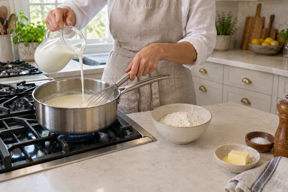 bechamel — step 4: Return pan to medium heat and add remaining milk in a steady stream, whisking continuously.
