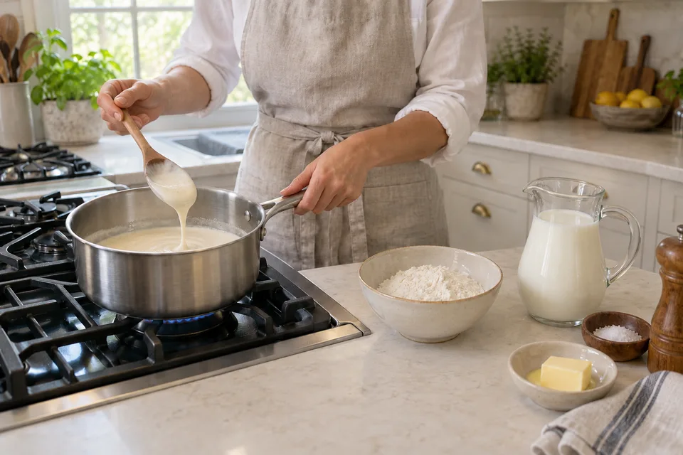 bechamel — step 5: Cook, stirring frequently, until the sauce thickens enough to coat the back of a spoon, about 8 to 10 minutes.