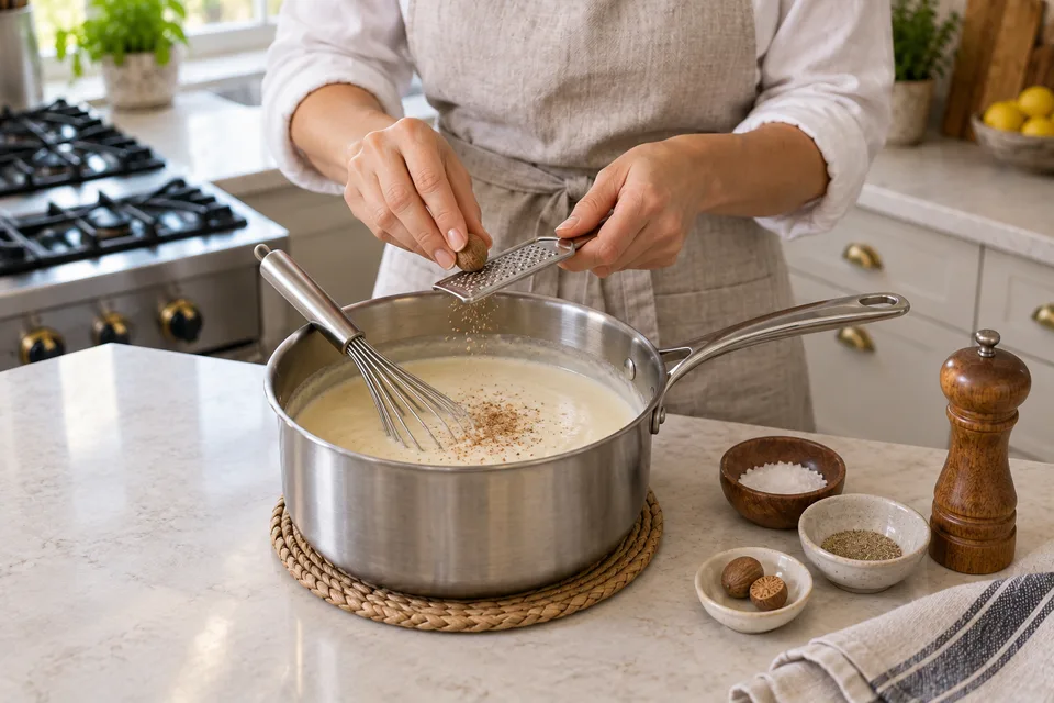 bechamel — step 6: Season with salt, white pepper, and nutmeg. Use immediately or press plastic wrap directly onto the surface to prevent a skin from forming.