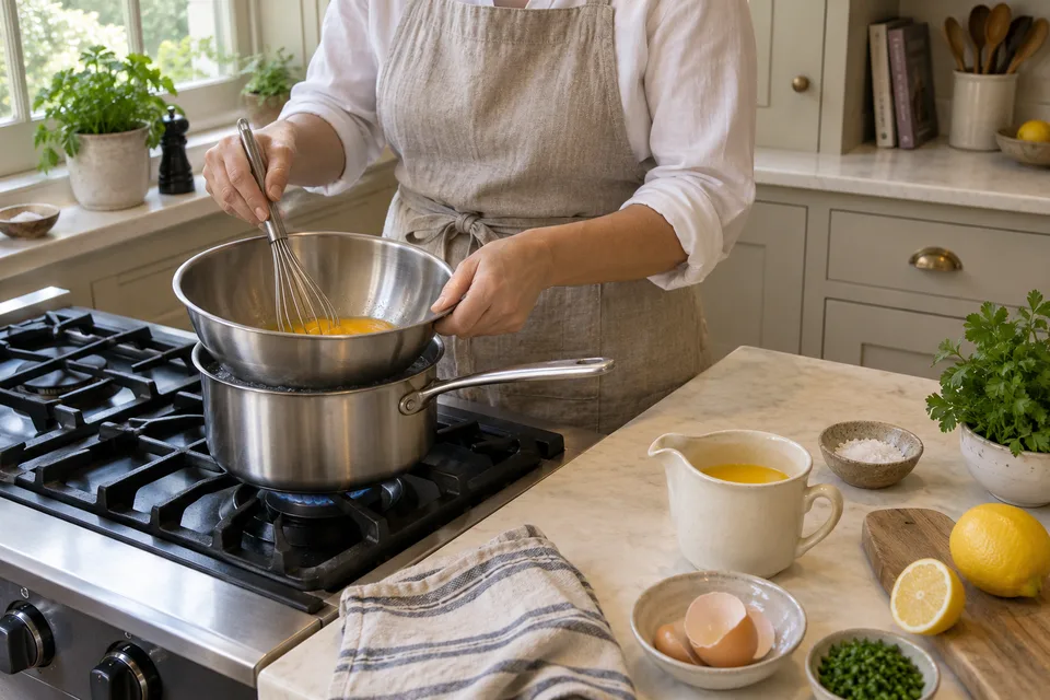 hollandaise sauce — step 1: Combine egg yolks and cold water in a heatproof bowl set over a saucepan of barely simmering water, ensuring the bowl does not touch the water.