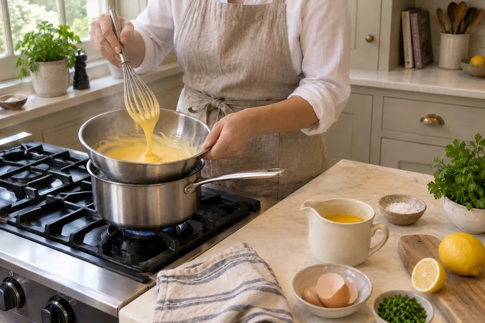 hollandaise sauce — step 2: Whisk the yolks constantly over the gentle heat until they thicken and the whisk leaves visible trails, about 3 to 4 minutes. Remove from heat if the bowl becomes too hot.