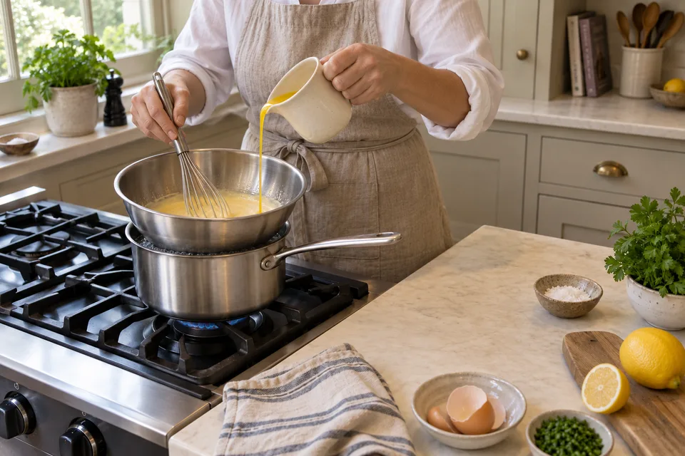 hollandaise sauce — step 3: Begin adding warm clarified butter a few drops at a time while whisking continuously, then increase to a slow, steady stream once the emulsion is established.