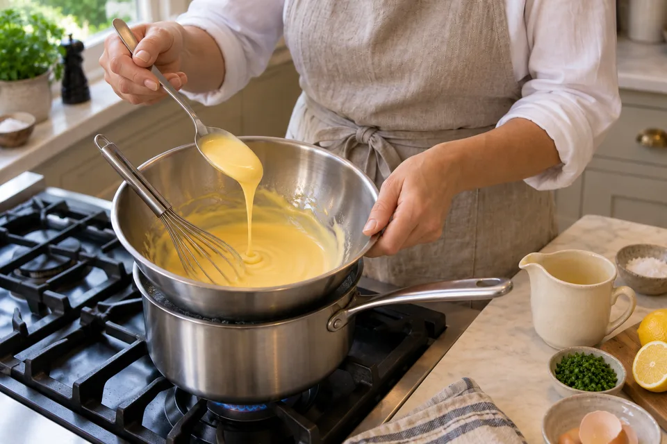 hollandaise sauce — step 4: Continue whisking until all the butter is incorporated and the sauce is smooth and coats the back of a spoon.