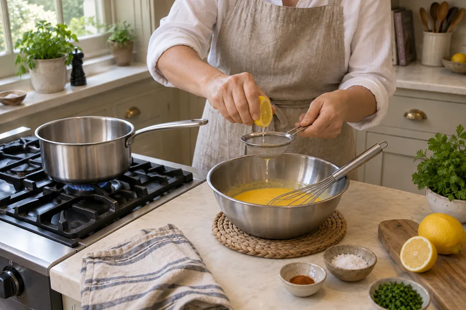hollandaise sauce — step 5: Whisk in lemon juice, salt, and cayenne or white pepper. Taste and adjust seasoning.