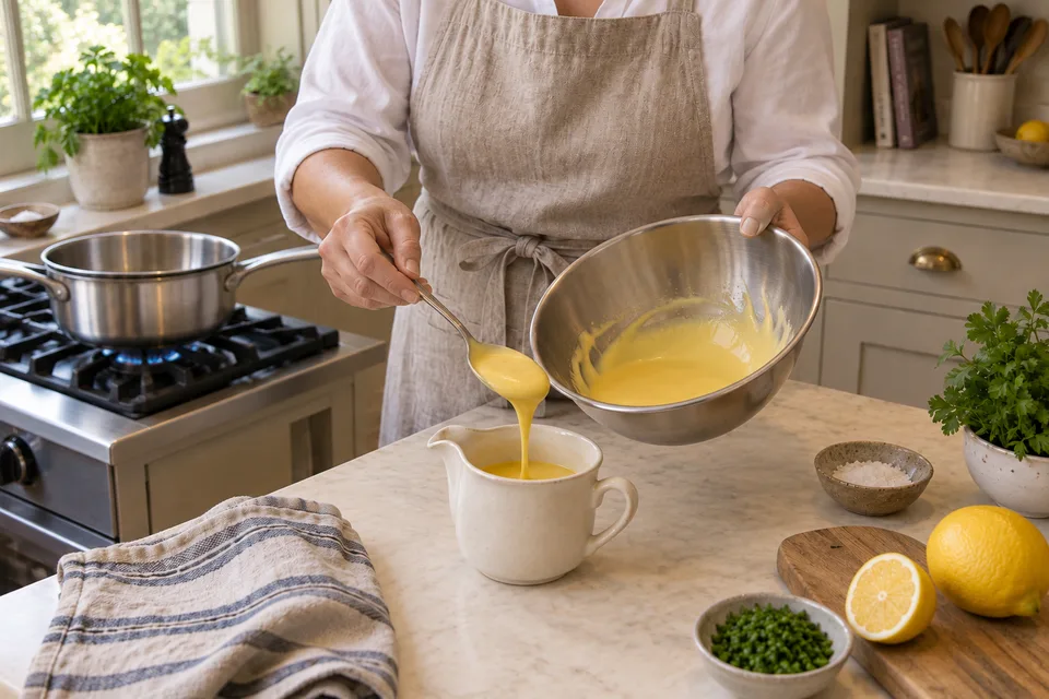 hollandaise sauce — step 6: Serve immediately or keep warm by setting the bowl over warm water, whisking occasionally, for up to 30 minutes.