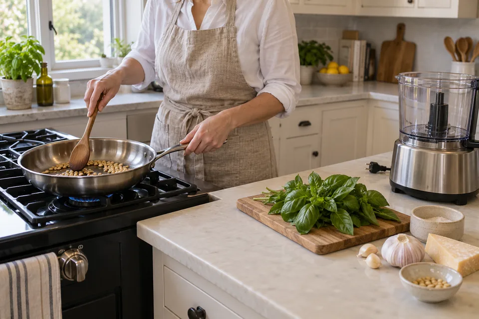pesto — step 1: Toast pine nuts in a dry skillet over medium-low heat for 2 to 3 minutes, stirring frequently, until lightly golden. Remove from heat and let cool.