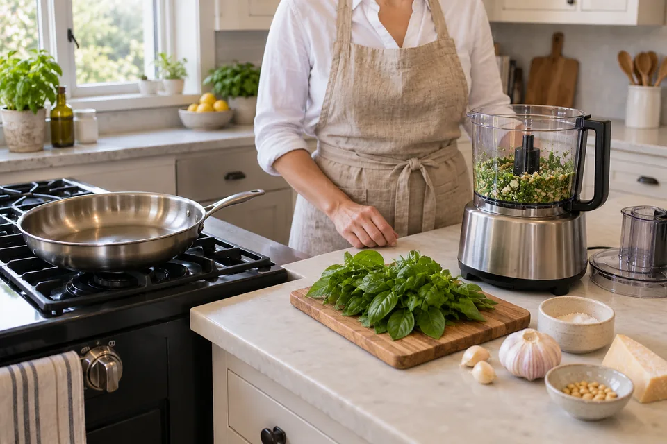 pesto — step 2: Combine basil, garlic, toasted pine nuts, and salt in a food processor. Pulse until coarsely chopped.