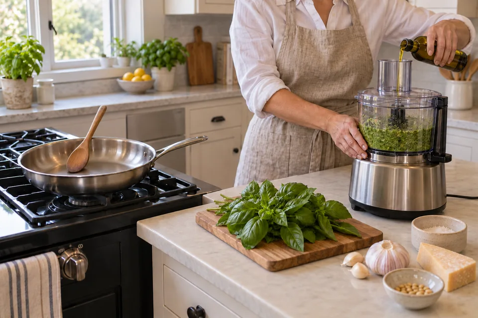 pesto — step 3: With the processor running, stream in olive oil slowly until the mixture forms a smooth paste.