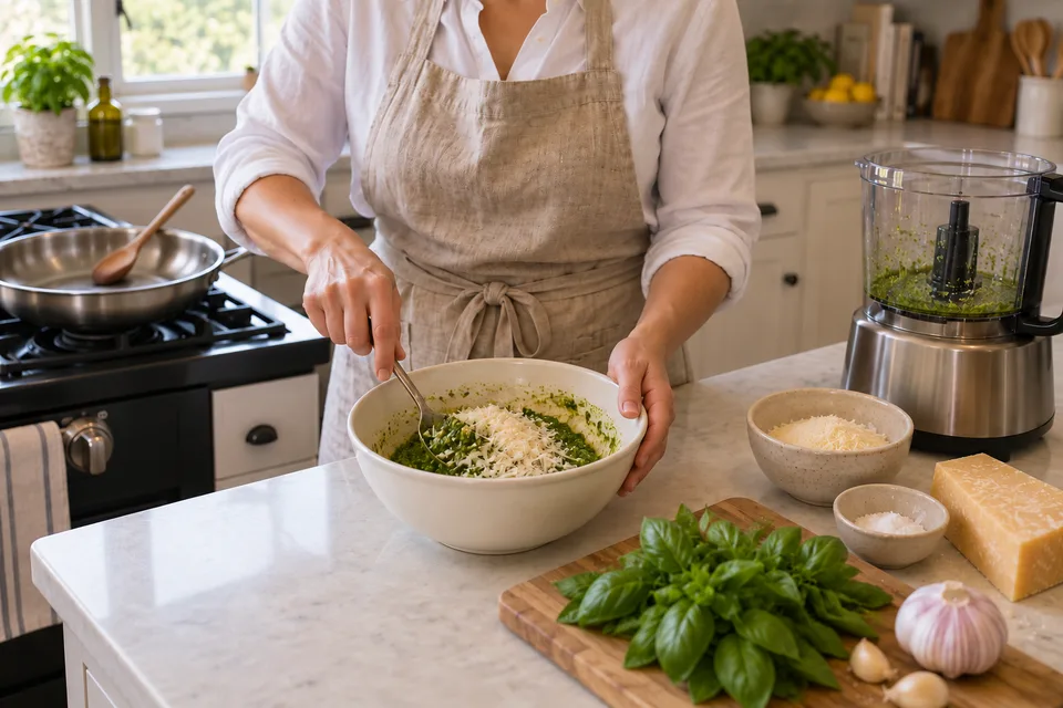 pesto — step 4: Transfer to a bowl and stir in Parmesan and Pecorino Romano by hand. Taste and adjust salt as needed.
