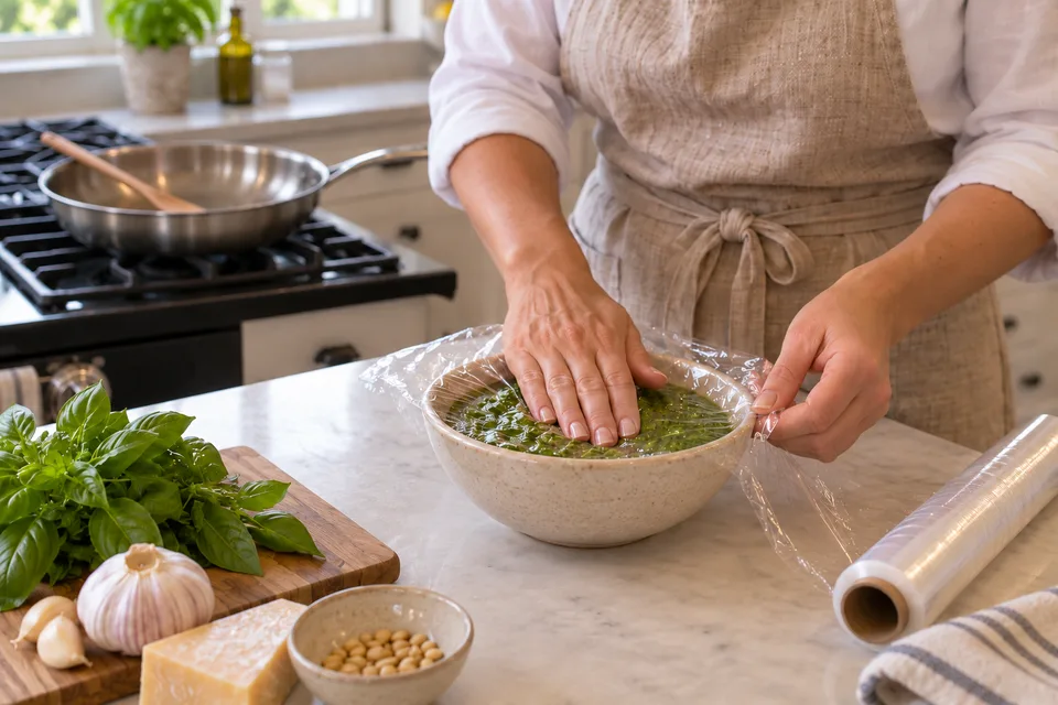 pesto — step 5: Use immediately or press plastic wrap directly onto the surface before refrigerating to slow oxidation.