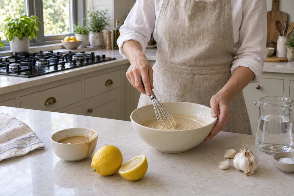 tahini sauce — step 1: Combine tahini paste and lemon juice in a medium bowl and whisk until the mixture thickens and becomes pale.