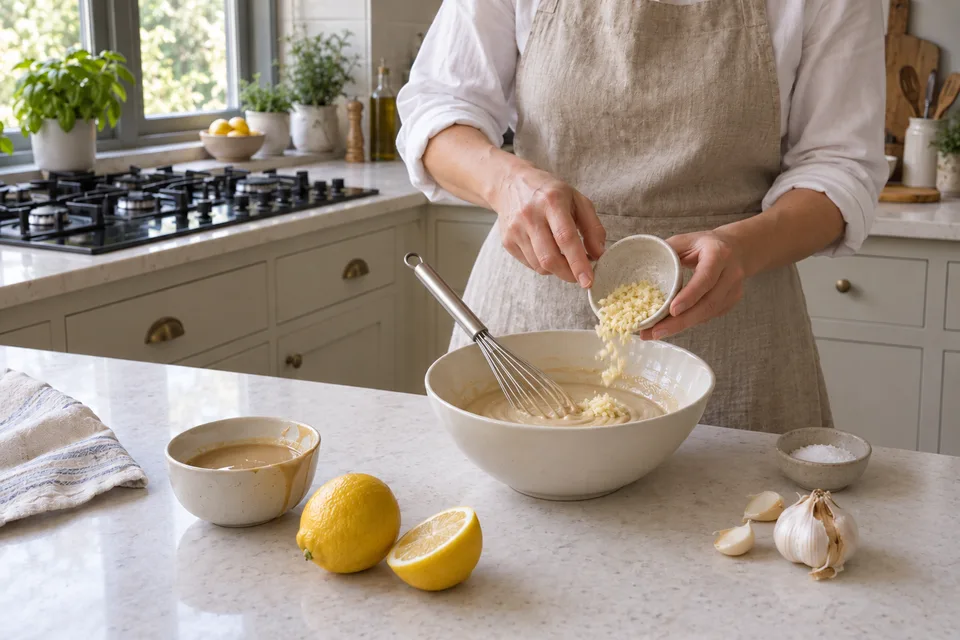 tahini sauce — step 2: Add minced garlic and salt, then whisk to incorporate.