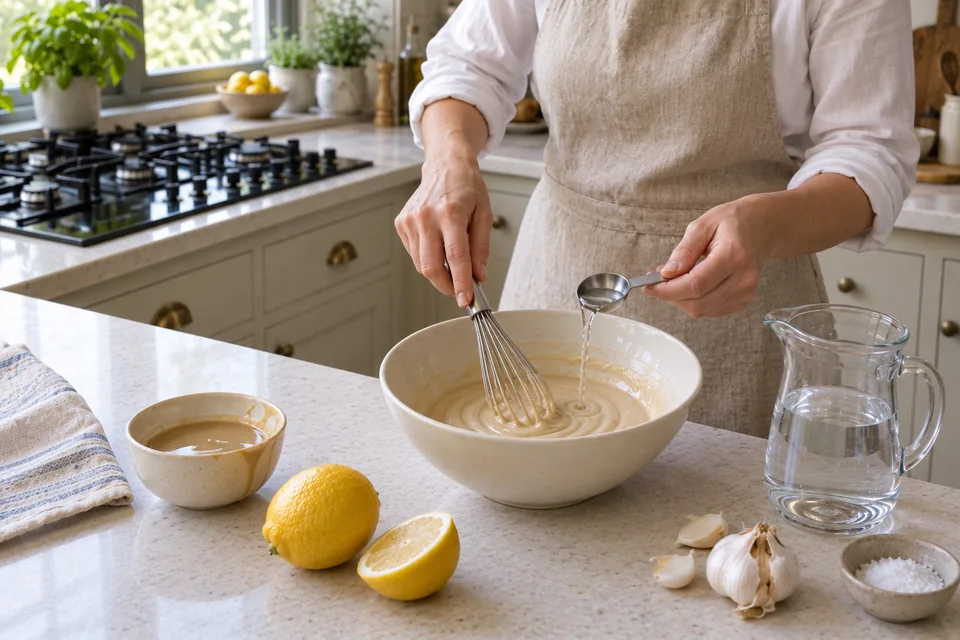 tahini sauce — step 3: Add cold water one tablespoon at a time, whisking after each addition, until the sauce reaches a smooth, pourable consistency.