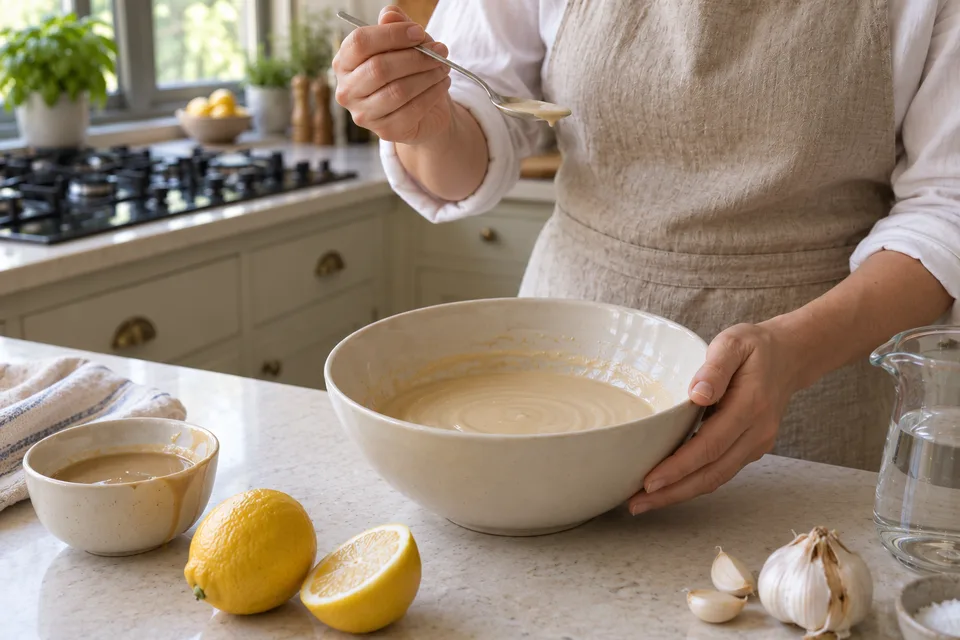 tahini sauce — step 4: Taste and adjust salt or lemon juice as needed.