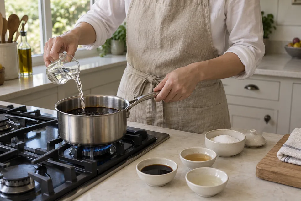 teriyaki sauce — step 1: Combine soy sauce, mirin, sake, and sugar in a small saucepan over medium heat.