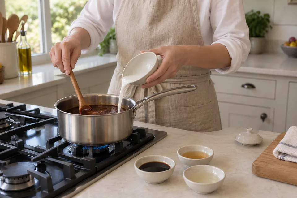 teriyaki sauce — step 4: Whisk cornstarch into cold water until smooth, then stir the slurry into the simmering sauce.