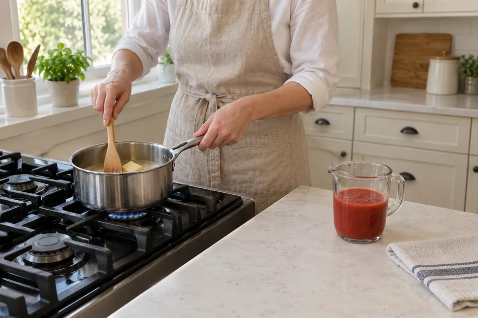 buffalo sauce — step 1: Melt butter in a small saucepan over low heat, taking care not to brown it.