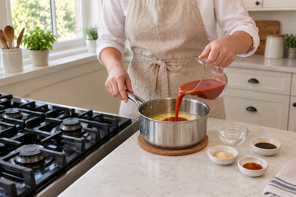 buffalo sauce — step 2: Remove the pan from heat and add the cayenne pepper hot sauce, white vinegar, garlic powder, Worcestershire sauce, and cayenne pepper.