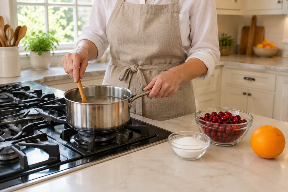 cranberry sauce — step 1: Combine sugar and water in a medium saucepan over medium heat, stirring until sugar dissolves.