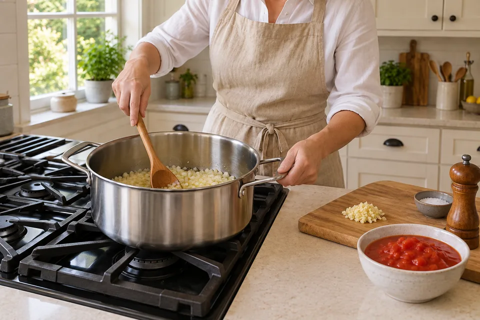 spaghetti sauce — step 2: Add diced onion and cook, stirring occasionally, until softened and translucent, about 6 minutes.