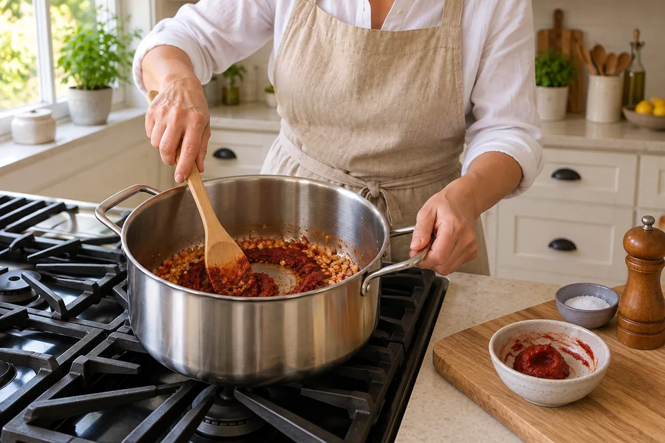 spaghetti sauce — step 4: Stir in tomato paste and cook for 2 minutes to deepen its flavor.