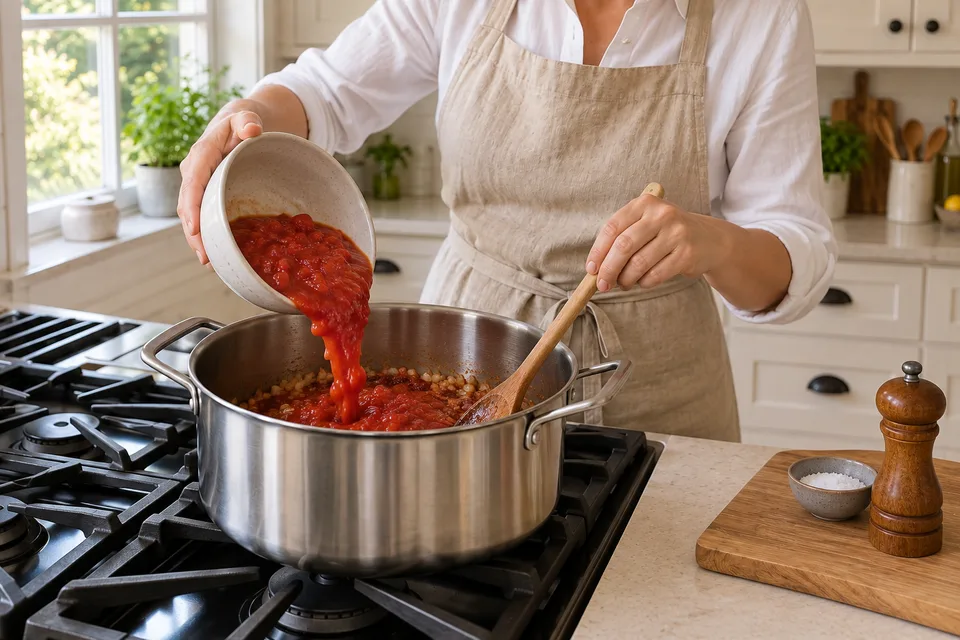 spaghetti sauce — step 5: Pour in crushed tomatoes and stir to combine.