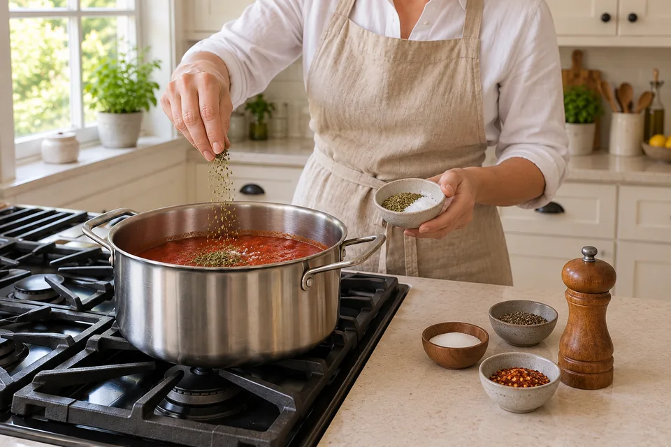 spaghetti sauce — step 6: Add oregano, basil, sugar, salt, black pepper, and red pepper flakes if using.