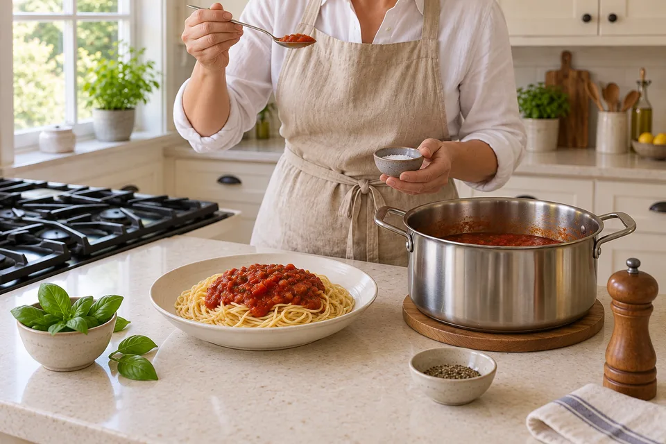 spaghetti sauce — step 8: Taste and adjust salt and seasoning before serving over cooked spaghetti.
