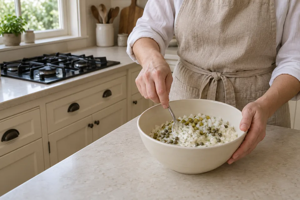 tartar sauce — step 1: Combine mayonnaise, chopped dill pickles, capers, and minced onion in a medium bowl.
