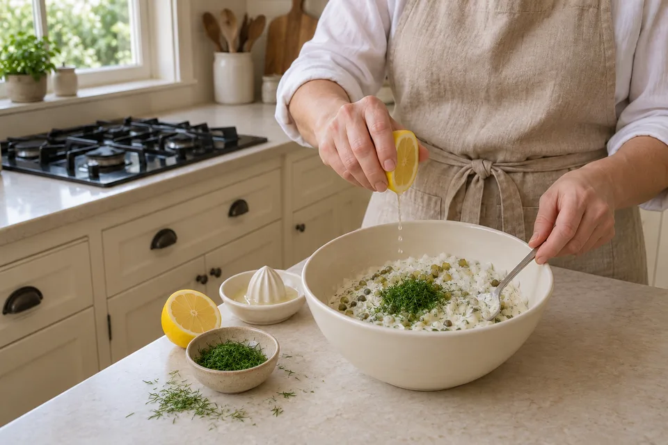 tartar sauce — step 2: Add lemon juice and dill, then stir until evenly incorporated.