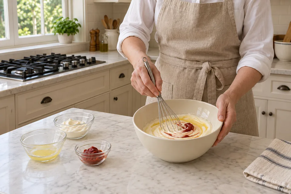yum yum sauce — step 1: Combine mayonnaise, tomato paste, and melted butter in a medium bowl.
