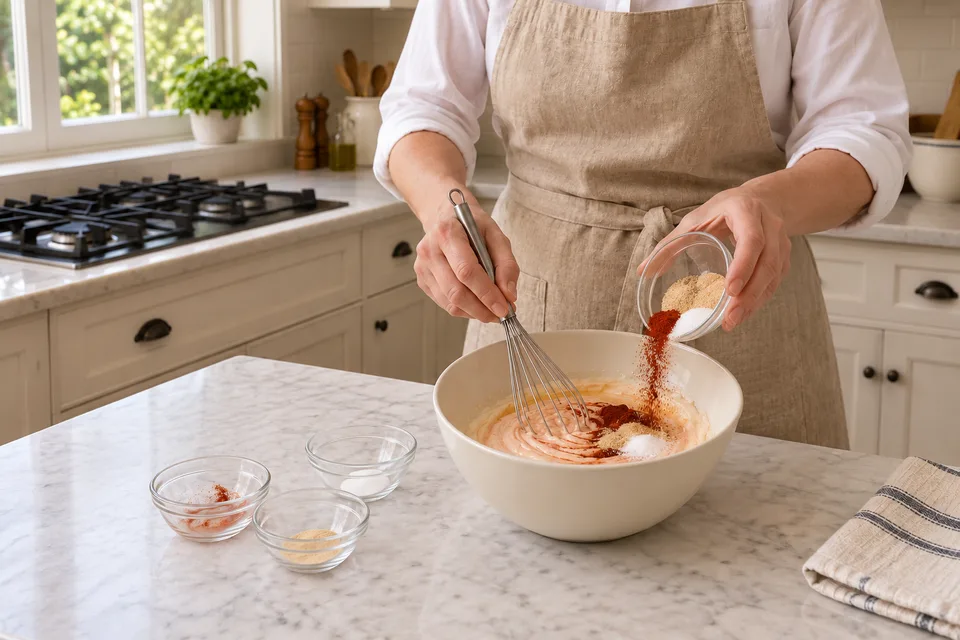 yum yum sauce — step 2: Add garlic powder, onion powder, paprika, and sugar. Whisk until fully incorporated.