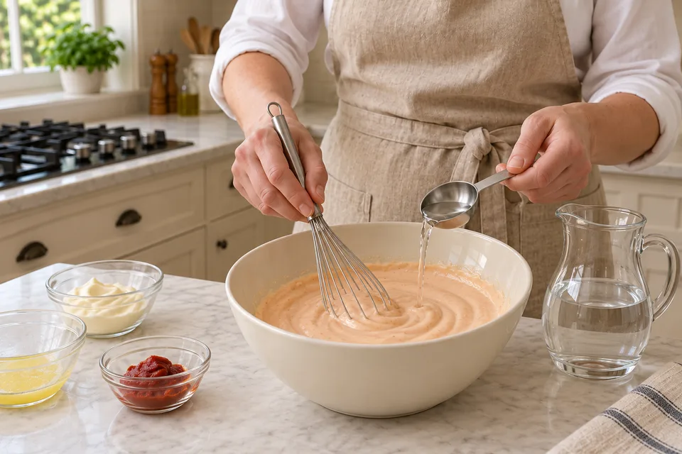 yum yum sauce — step 3: Add water one tablespoon at a time, whisking after each addition, until the sauce reaches a smooth, pourable consistency.