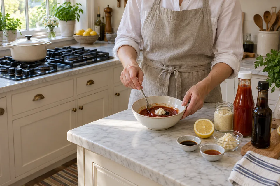 cocktail sauce — step 1: Combine ketchup, prepared horseradish, lemon juice, Worcestershire sauce, and hot sauce in a small bowl.