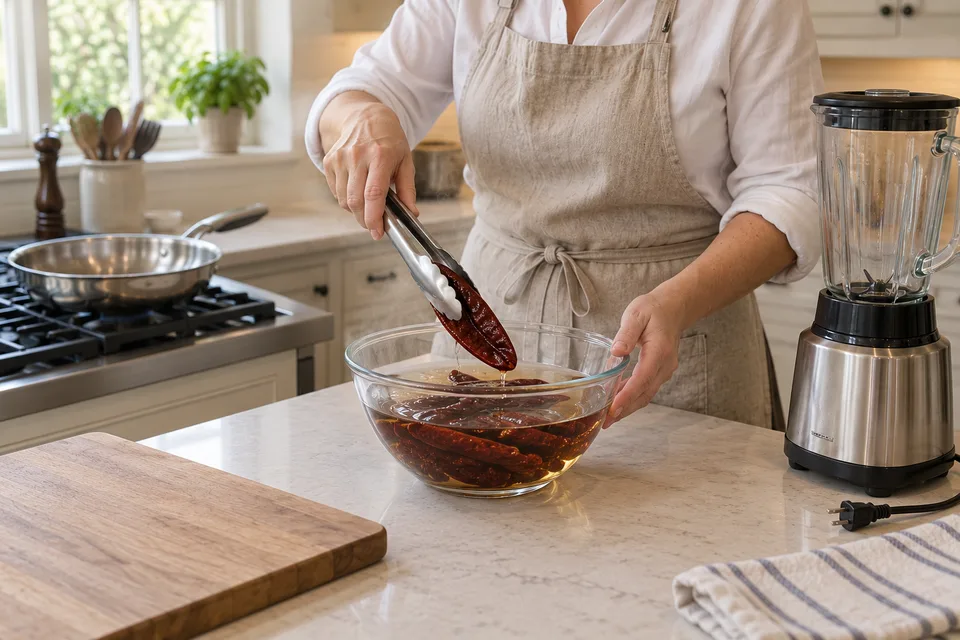 enchilada sauce — step 2: Transfer toasted chiles to a bowl, cover with boiling water, and soak for 15 minutes until softened.