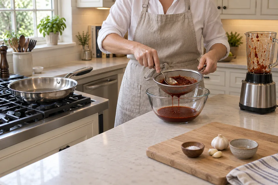 enchilada sauce — step 5: Strain the blended mixture through a fine-mesh sieve, pressing solids to extract all liquid.