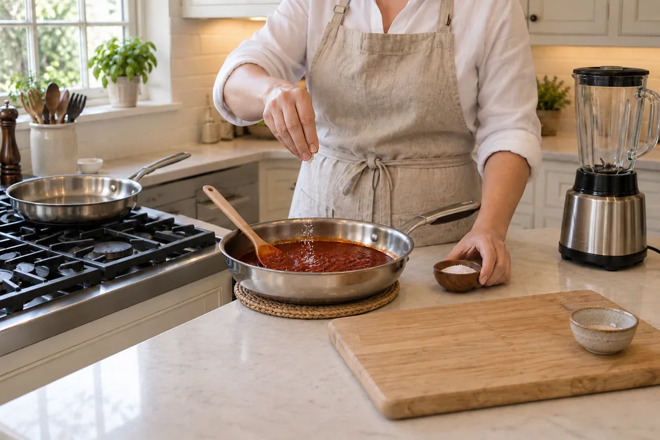 enchilada sauce — step 8: Season with salt, adjust consistency with additional broth if needed, and remove from heat.