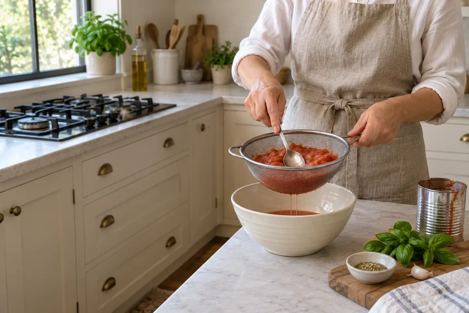 pizza sauce — step 1: Drain excess liquid from the crushed tomatoes if the mixture appears very watery.