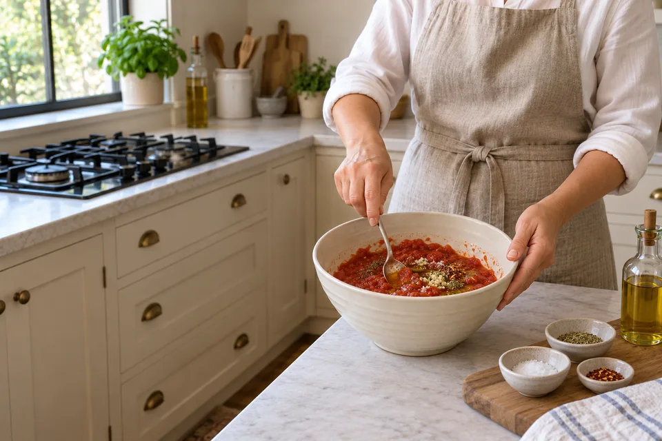 pizza sauce — step 2: Combine tomatoes, garlic, olive oil, oregano, salt, sugar, and red pepper flakes in a bowl.