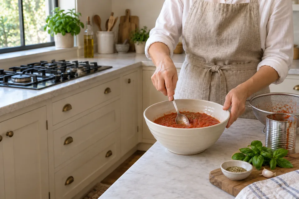 pizza sauce — step 3: Stir until fully incorporated; crush any large tomato pieces with a spoon or your hands.
