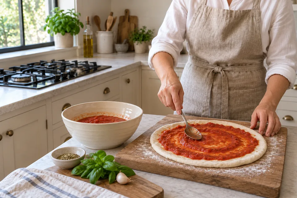 pizza sauce — step 4: Taste and adjust salt or sugar to balance acidity before spreading on dough.