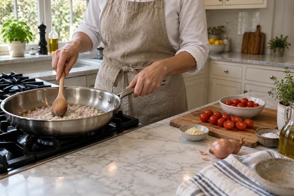 vodka sauce — step 1: Heat olive oil in a large skillet over medium heat. Add shallots and cook, stirring, until softened, about 4 minutes.