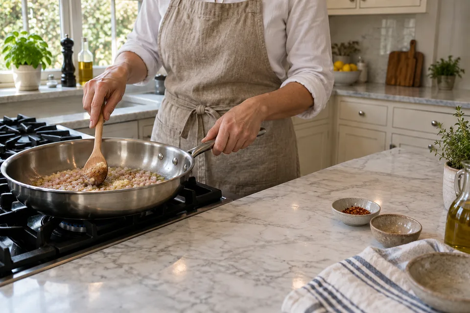 vodka sauce — step 2: Add garlic and red pepper flakes; cook 1 minute until fragrant.
