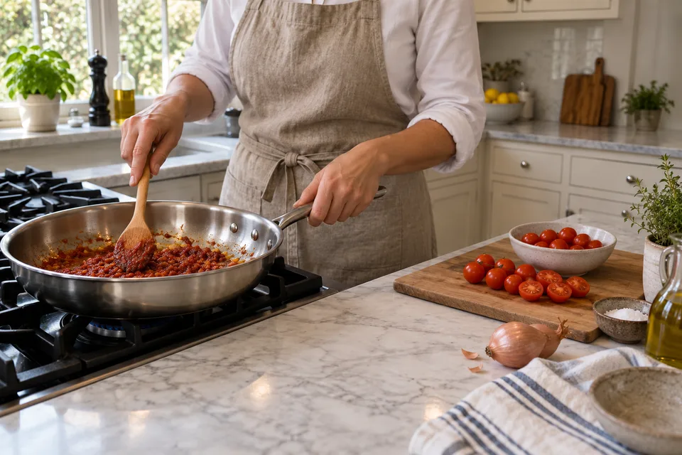 vodka sauce — step 3: Stir in tomato paste and cook, stirring frequently, for 2 minutes to deepen the flavor.