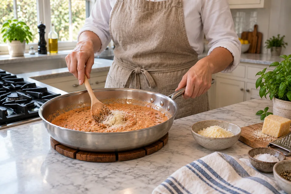 vodka sauce — step 7: Remove from heat, stir in Parmesan, and season with salt and black pepper. Toss immediately with cooked pasta or use as directed.