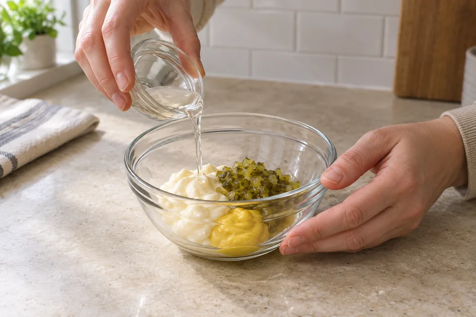 big mac sauce — step 1: Combine mayonnaise, sweet pickle relish, yellow mustard, and white wine vinegar in a small bowl.